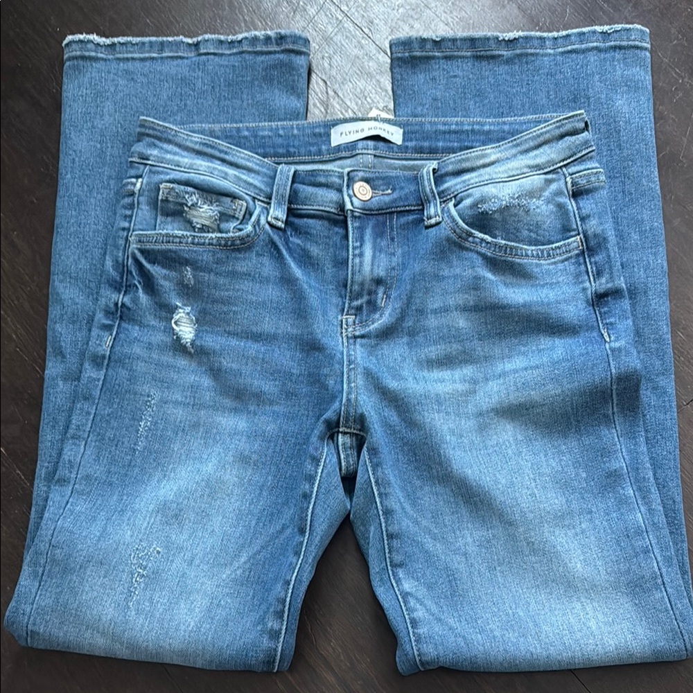 Flying Monkey Blue Flare Jeans with Distressing